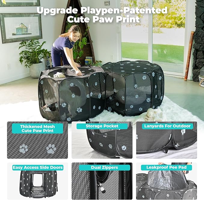 EighteenTek® 2-in-1 Cat Playpen, 58''Pop Up Dog Pet Playpen for Indoor Outdoor Cats Enclosed, Portable Pet Playpen, Kitten Puppy Foldable Play Pen Cat Dog Tent Crate Cage Kennel(S, 58" Lx29Wx17H)