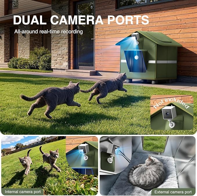Heated Outdoor Cat House for Outside with Cat Toys and Roof Window Feral Stray Shelter Weatherproof in Garage Yard Porch (with Dual Camera Ports)