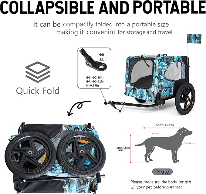 Heavy-Duty Dog Bike Trailer & Collapsible Pet Carrier for Bike with 16-Inch All-Terrain Wheels, Universal Hitch, Safety Flag & Weather-Resistant Design for Outdoor Adventures