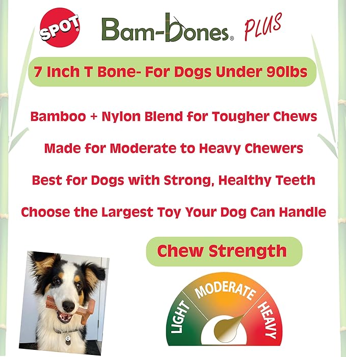 SPOT Bam-Bones Plus T Bone - Bamboo Fiber & Nylon Dog Chew Toy for Moderate to Aggressive Chewers, Non-Splintering, Long-Lasting, 7in Beef Flavor, for Adult Dogs & Teething Puppies Under 90lbs