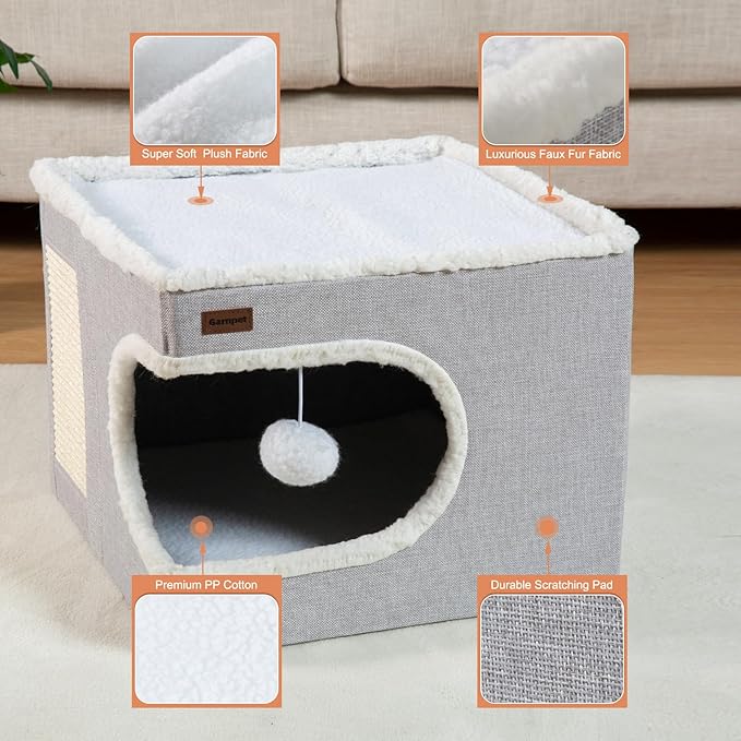 Cat Bed for Indoor Cats Cube House, Covered Cat Cave Beds & Furniture with Scratch Pad and Hideaway Tent, Cute Modern Cat Condo for Multi Small Pet Large Kitten Kitty, Large, Dark Grey