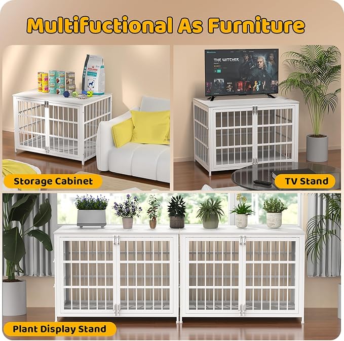 Heavy Duty Dog Crate Furniture – Indestructible Furniture Style Dog Kennel with Wooden Table Top, Escape-Proof Crate for High Anxiety Dogs, Decorative Indoor Pet House with Double Doors & Secure Locks