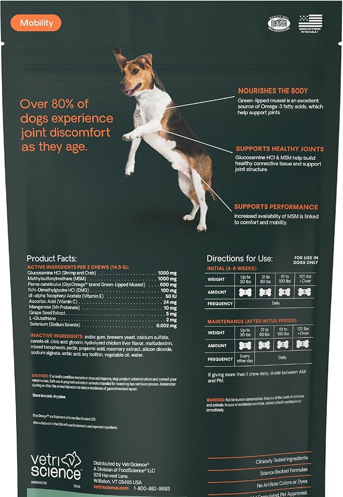 VetriScience Extra Strength Healthy Hip & Joint Chews, GlycoFlex Glucosamine and Green-Lipped Mussel Joint Support Supplement for Dogs, Chicken, 60 Count (Pack of 2)