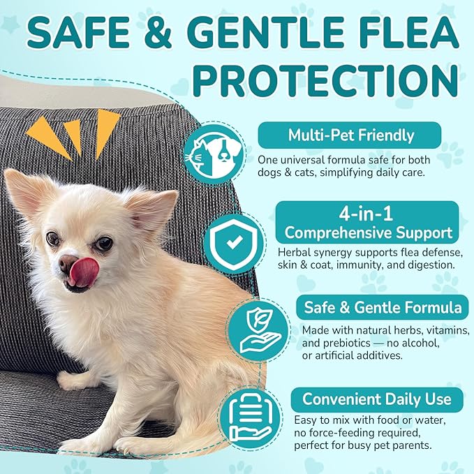 Natural Flea & Tick Prevention Bundle for Cats & Dogs, 200 Chews + Drops 4-in-1 Herbal Drops, Supports Skin, Coat, Digestion & Immunity, Gentle Daily Flea Treatment for Multi-Pet Homes