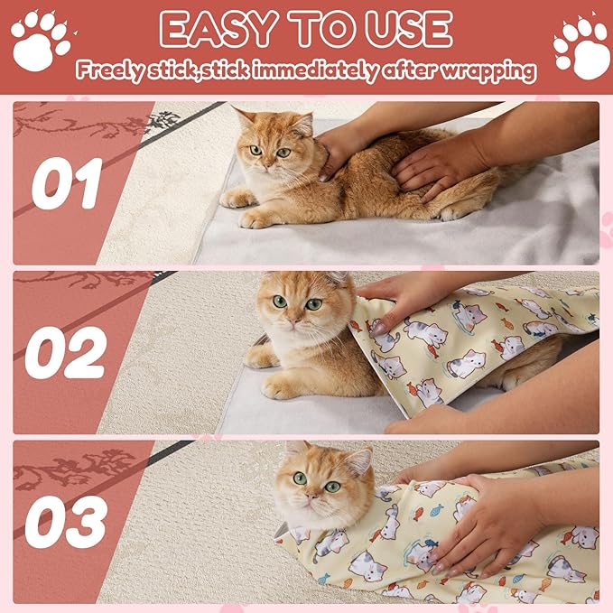 25.6" Cat Grooming Wrap,cat wrap for Cutting Nails,Self-Adhesive cat Swaddle wrap cat Restraint cat wrap Blanket for Medicine, Nail Clipping, Teeth Brushing,Yellow Kitten(Within 10lbs)