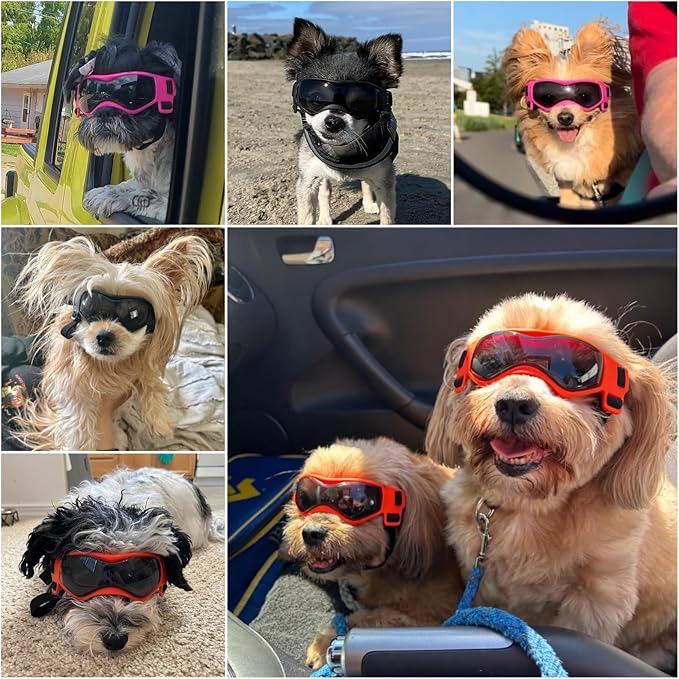 Small Breed Dog Goggles, Pink Sunglasses with UV Protection and Adjustable Straps