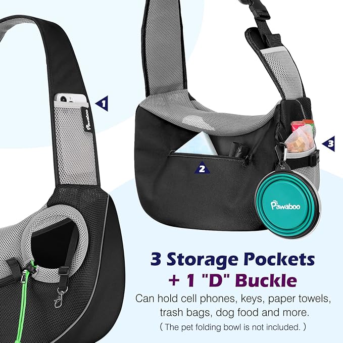 Pawaboo Hand Free Dog Sling Carrier, Breathable Mesh Bag for Pet Puppy Cat, Drawstring Dog Papoose with Adjustable Strap and Pocket, Crossbody Dogs Purse for Travel Outdoor, M, Black