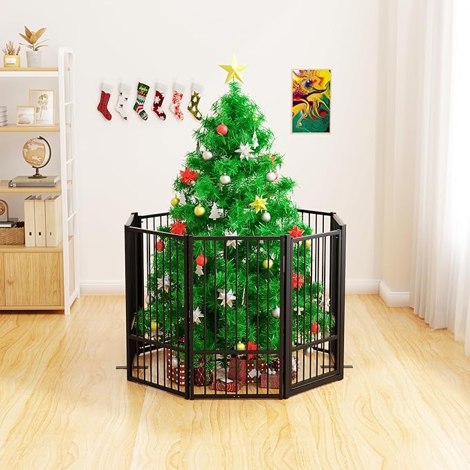 Full Metal Freestanding Dog Gate with Door, 32''Height Foldable Pet Dog Fence for Indoor & Outdoor, 6 Panels Extra Wide Free Standing TallDog Gates for Doorways,House,Stairs,Porch,Deck,Yard