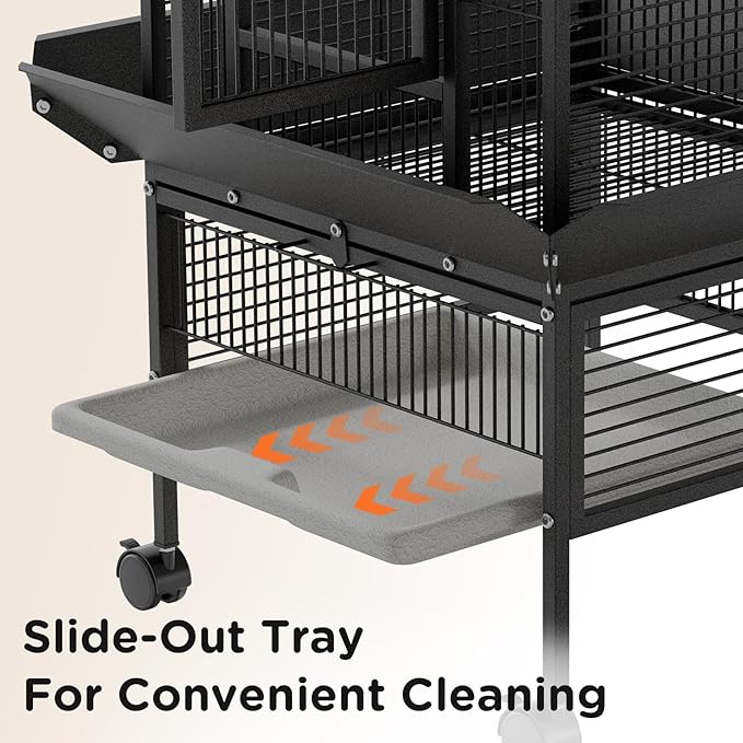 Large Bird Cage 60-inch Playtop Metal Bird Cages with Rolling Stands, Feed Bowls for Parakeets, Conures, Parrot Cage for Medium Large Parrot Cage with Slide-Out Tray Seed Guard, Black