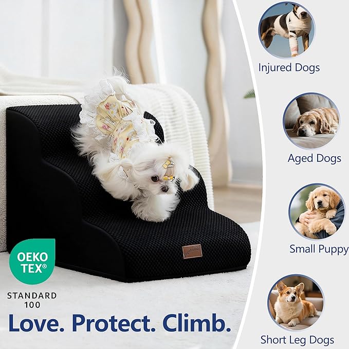 gogobunny Ramp Cat Dog Stairs for Beds, Cat Slope Stairs with Durable Waterproof Fabric Cover, Pet Steps for Old Large Dogs Climbing (Black, 3-Step (22.4" D x 15.7" W x 15.7" H), 3)