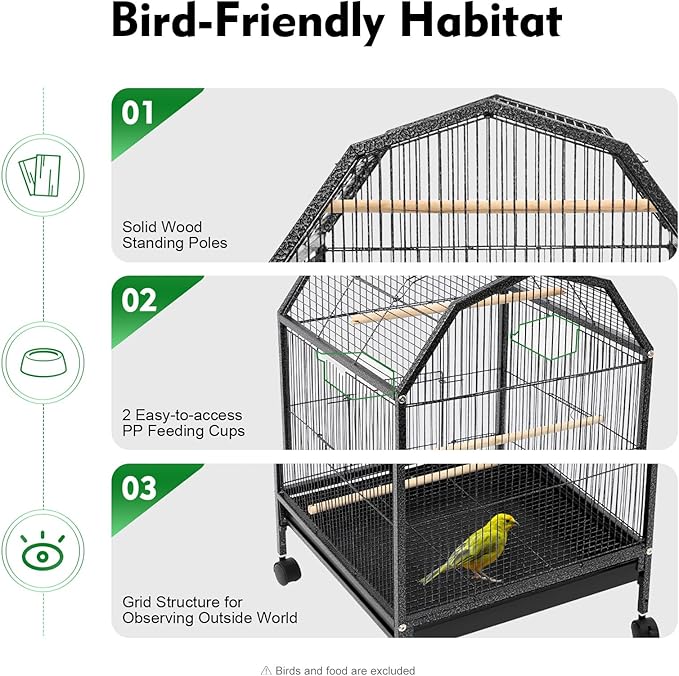 Large Bird Cage, Movable Pet Bird Flight Cages with 5 Doors Wheels, Panorama Bird Aviary Indoor with Stand 17.9x17.9x39.9in, Fit for a Canary, Finch, Cockatiels, Conures, Parrot, Lovebirds