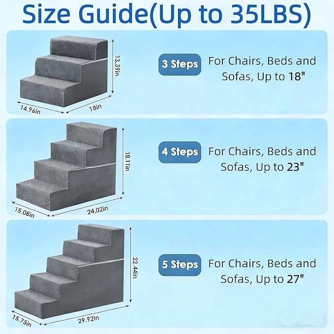 Simple Deluxe Dog Stairs for Small Dogs, 5-Step Dog Step for Puppy, Older Cat, Medium Pet Ramp for Sofa, Couch or Chair, Indoor Non-Slip Pet Ladder with High Density Foam, Gray