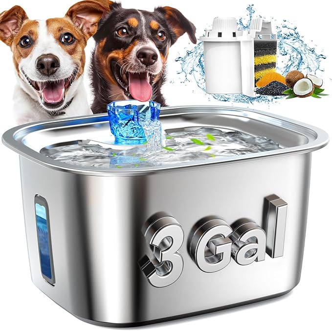 PETNF 3-Gallon Stainless Steel Dog Water Fountain for Large Dogs, Dog Water Bowl Dispenser with 2 Filters, Visible Water Window, Quiet Pump & LED Low-Water Indicator