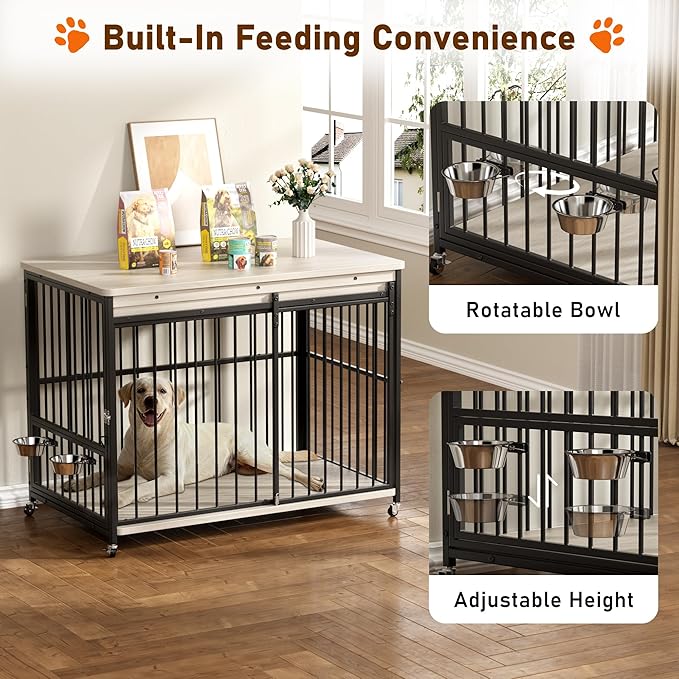 Dog Crate Furniture, 47’’ Wooden Dog Kennel Indoor with Sliding Front Door, Multi-Side Openings & Feeding Window Pet Cage House as TV Stand, End Table(Beige)