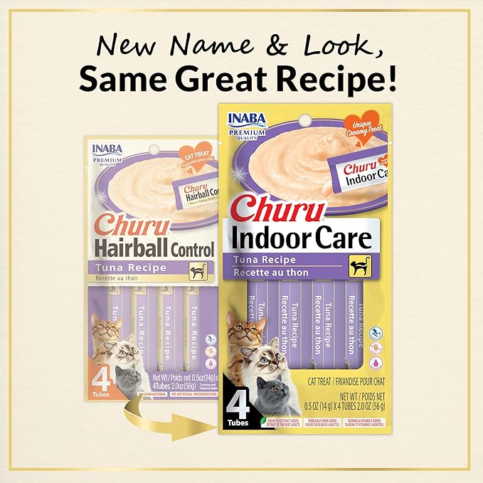 INABA Churu for Cats, Functional, Creamy Lickable Purée Cat Treat for Hairball Control and Indoor Care with Taurine & Vitamin E, 0.5 Ounces Each, 4 Tubes (1 Pack), Tuna Recipe