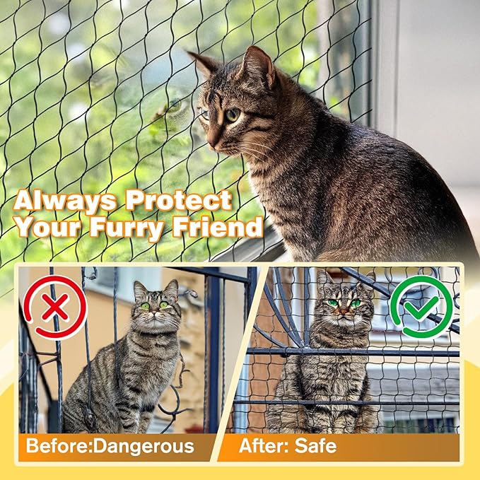 Steel Reinforced Cat Netting for Balcony Anti-Fall Fence Safety Net, Extra Strong Cat Net for Catio Safety Cat Balcony Netting for Pets Cat Proof Screen Pet Net Cat Balcony Protection Barrier10FTx26FT