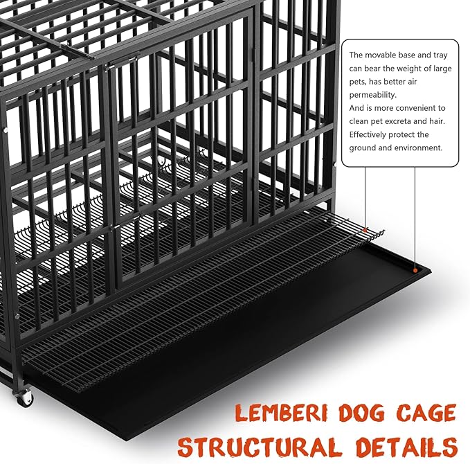 LEMBERI 38 inch Heavy Duty Indestructible Dog Crate, Escape Proof Dog Cage Kennel with Lockable Wheels,High Anxiety Double Door Dog Crate,Extra Large Crate Indoor for Large Dog with Removable Tray