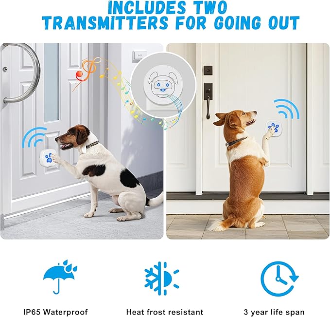 Dog Doorbell, Wireless Ring Bell to Go Outside, IP55 Waterproof Buttons, 55 Melodies, 4 Volume Levels & 950ft Range (White, 1 Reciever 2 Transmitters)