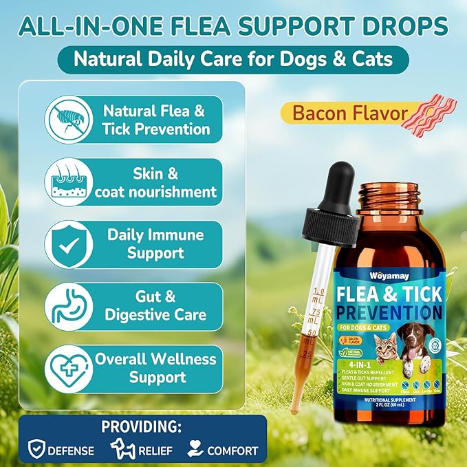 Natural Flea & Tick Prevention Bundle for Cats & Dogs, 200 Chews + Drops 4-in-1 Herbal Drops, Supports Skin, Coat, Digestion & Immunity, Gentle Daily Flea Treatment for Multi-Pet Homes