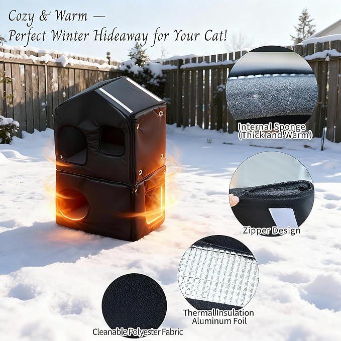 Outdoor Cat House with Insulated Liner, Weatherproof for Feral Multi Cat, 2 Story Plastic Elevated Cat Shelter with Escape Door, Scratching Post, Stainless Steel Bowl, Green 35" D x 15" W x 20" H