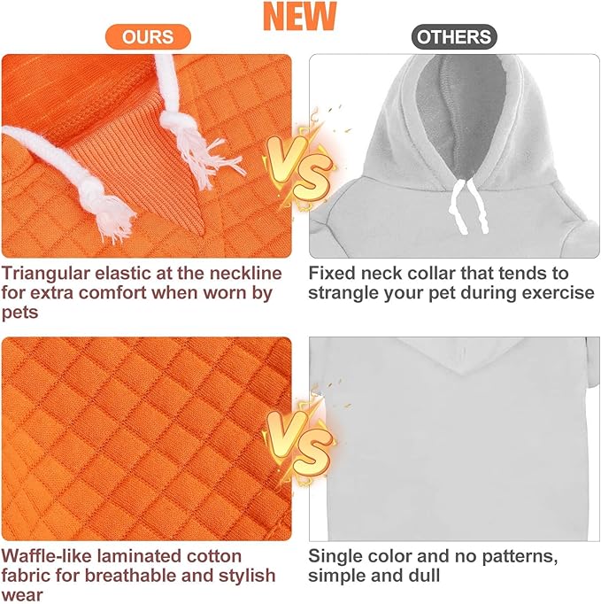 BEAUTYZOO Small Dog Hoodie Sweater with Pockets, Dog Clothes for Small Medium Dogs Boy Girl, Waffle-Like Laminated Cotton Pet Coats with Hat and Leash Hole, Orange SM