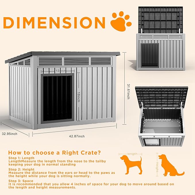DRATO Large Dog House Outdoor for Indoor with Weatherproof & Removable Roof,Fits Small to Large (Gray, 42.87 * 32.95 * 31.61'')