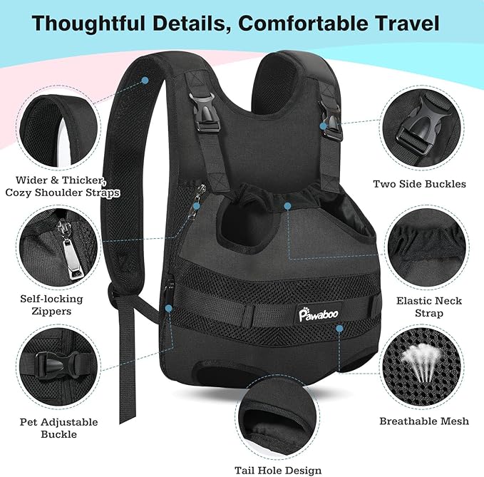Pawaboo Pet Dog Front Carrier Backpacks, Legs Out Pet Carrier Backpack for Dogs, Adjustable Dog Chest Carriers Purse for Small Medium Dogs Hands Free for Travel Hiking Cycling Camping, XL, Black