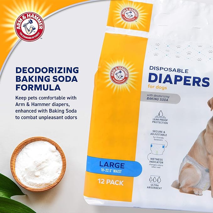 Arm & Hammer for Pets Disposable Female Dog Diapers with Odor Control and Wetness Indicator, Leak Resistant Dog Diapers for Incontinence and Heat Cycles, Size Large 18–23 in Waist, 12 Count - 2 Pack