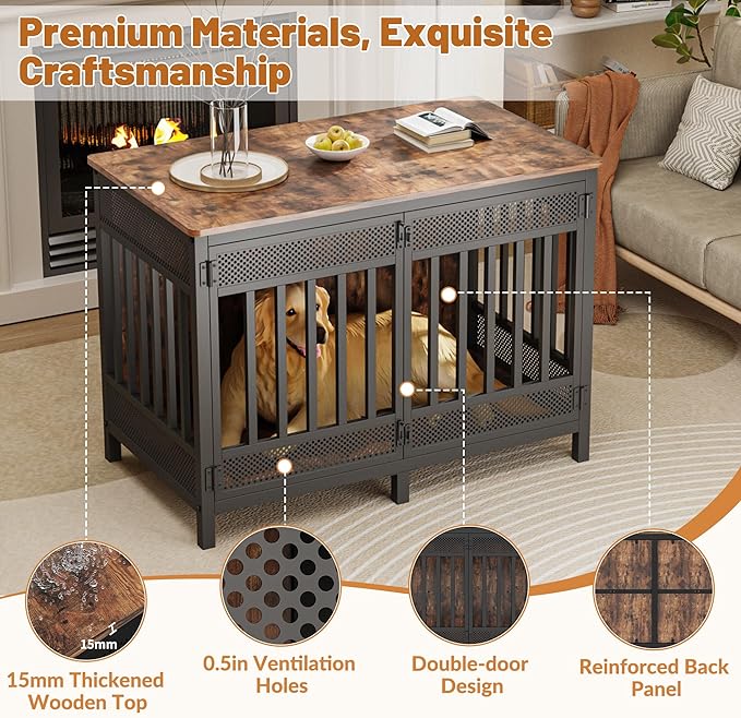 Boshen 48inch XXL Dog Crate Furniture for Large and Medium Dogs, Heavy Duty Wooden Reinforced Frame Dog Kennel Indoor with Double Doors, Decorate House as TV Stand, End Table
