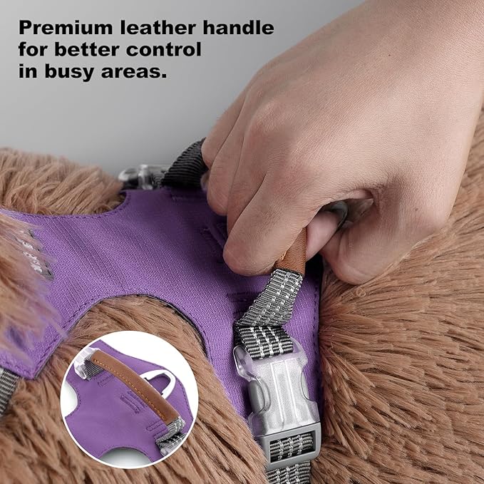 No Pull Dog Harness – Adjustable Reflective Nylon Vest for Small Medium Large Dogs, Escape Proof Training Harness with Leather Control Handle, Lightweight Aluminum Hardware (Purple, XL)