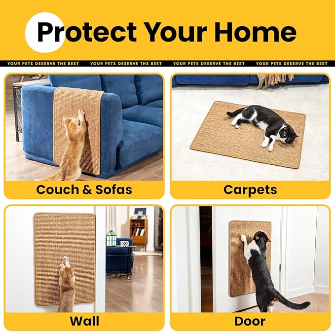 Cat Scratcher Mat,Sisal Cat Scratch Pad with Hook&Loop Tape,Wall Floor Kitten Scratching Pads Rug for Indoor,Furniture Protector for Couch&Carpets&Sofas,Kitty Bithday Gifts,Medium,Brown,2 Pack