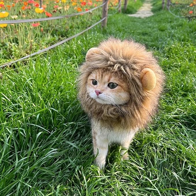 Lion Mane Wig for Cats - Adjustable, Washable, Brown Lion Mane Wig for Cat Costume (Medium)