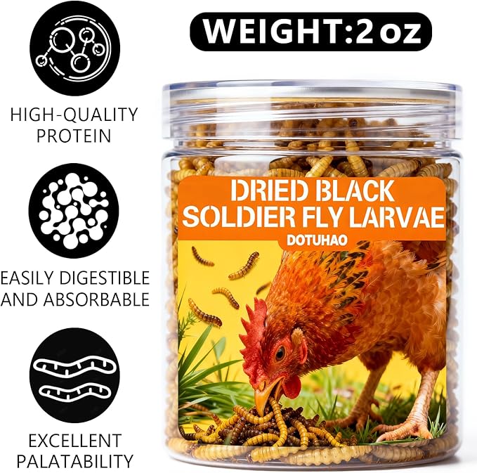 Dried Black Soldier Fly Larvae 2 oz,Chicken Feed, Hamster Food,More Calcium Than Dried Mealworms High-Protein Chickens Treats, Food for Wild Birds, Ducks, Layer Hens(2 oz)