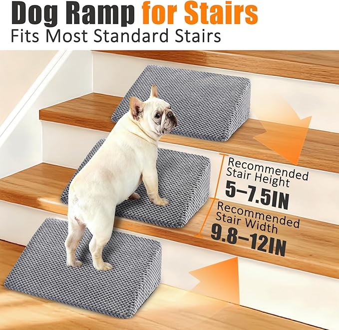 Dog Ramp for Stairs for Small & Senior Dogs and Cats – Non-Slip Stair Wedges for Dogs with Gentle Slope, Pet Ramp with Washable Cover & Self-Sticky Pads for Safe Climbing (Gray, 3 Pack)