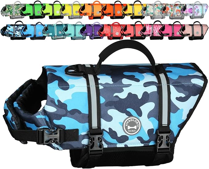 VIVAGLORY Rip Stop Dog Life Vest, Swimming Vest with Handle, Buoyancy for Doggy Puppy, Dog Life Jacket for Swimming & Boating, L, Camo Blue