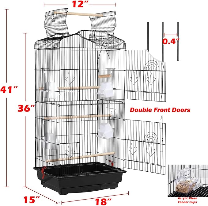 Large 36-Inch Portable Bird Flight Cage for Canary Parakeet Cockatiel Lovebird Finch Small Parrot Budgies Travel Bird Cage (Black with Toy)