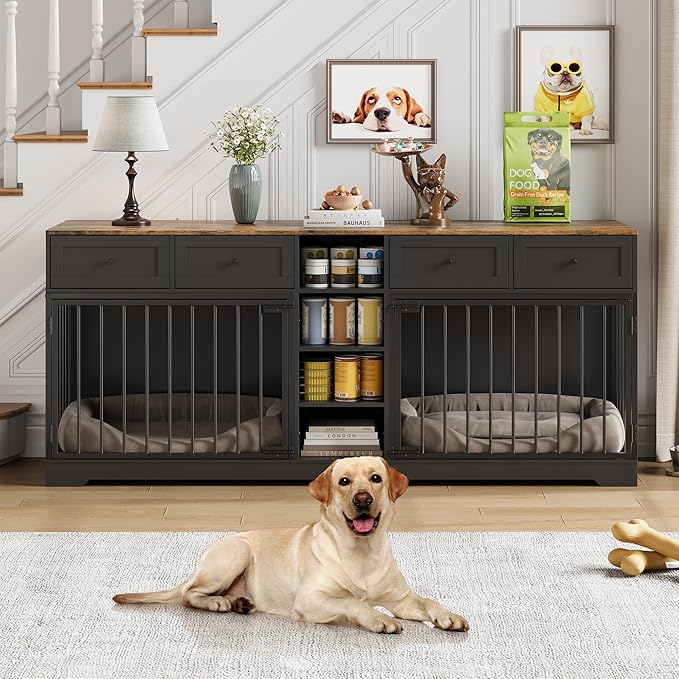 GAOMON Dog Crate Furniture for 2 Dogs, 82'' Large Dog Kennel Indoor with 4 Storage Drawers and 4 Shelves, Double Dog Crate TV Stand for Medium and Large Dogs, Black