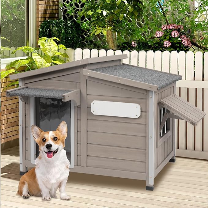 34" L Outdoor Dog House with Removable Floor, Raised Feet, Anti-Chewing Iron Frame – Weatherproof Wooden Kennel with Roof, Movable Window for Indoor/Outdoor Use, Ideal for Small to Medium Dogs