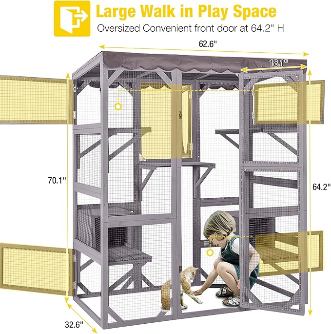 Aivituvin Catio Outdoor Cat Enclosure Large Cat House for Mulitiple Cats Walk in Kitty Cage with Tarp Roof 70"