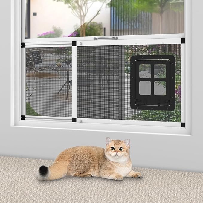 Ventilated Pet Door for Window, Fits 38"-44" Width Window, 2-Min Install | Aluminum Frame + Stainless Steel Mesh | Breathable Bug-Proof | Magnetic Closure Window Cat Door, Cat Door for Window Insert