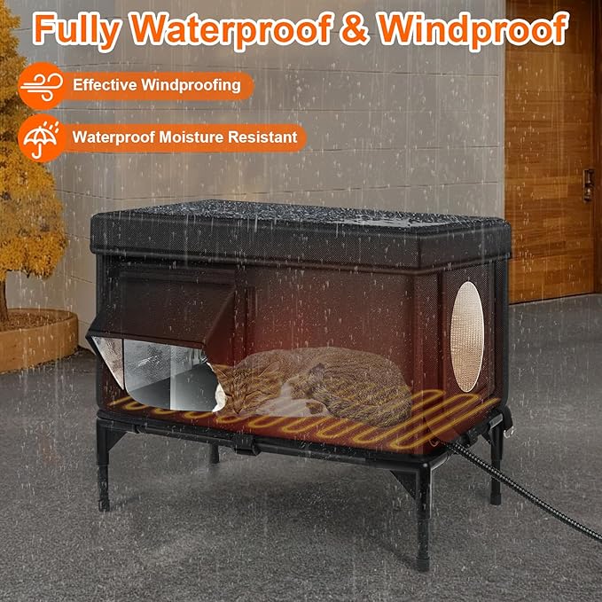 Heated Outdoor Cat House Weatherproof with Heating Pad, Heated Cats House for Outside, Insulated Feral Cat Houses for Outdoor Cats with Safe Escape Door, Elevated Outside Stray Cats Shelter(M)