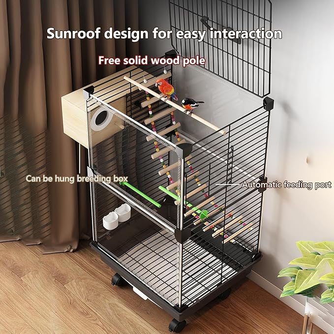 Bird Cage,Large Parrot Cage with Acrylic Doors, 3-Tier Movable Birdcage Parakeet Cage w/Wheels, 360° View Spacious Interactive Bird House (White, Automatic Food Container and Water Bottle)