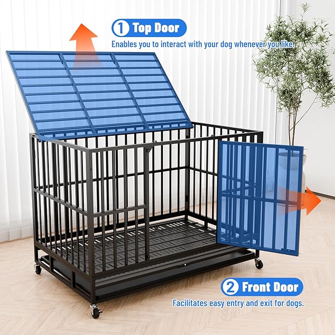 42 Inch Heavy Duty Indestructible Dog Crate, XL Steel Escape-Proof Kennel for Large Dogs, Double Door Design with 4 Locking Wheels & Reinforced Baseplate, Ideal for High-Anxiety Dogs