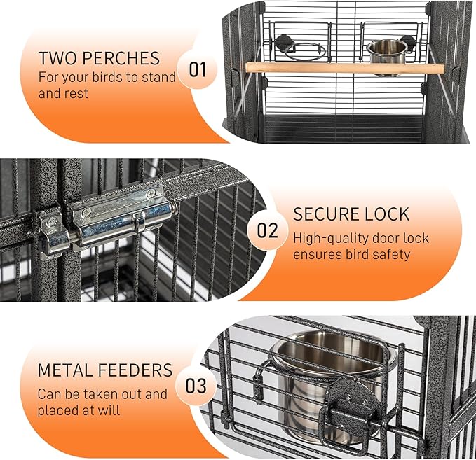 VINGLI Bird Cage with Wheels, 62 inch Bird Cages with Play Top, Wrought Iron Cage with Rolling Stand for Parrots, Cockatiels, Budgies, Lovebirds, Small/Medium Birds