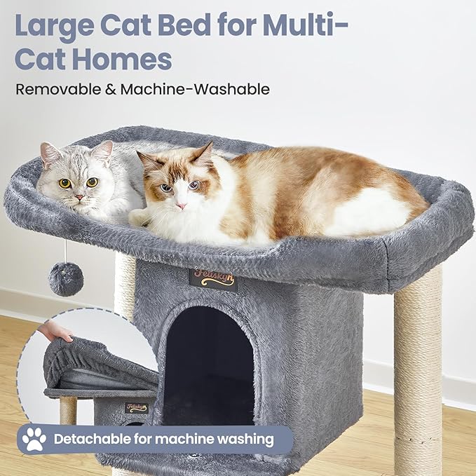 Cat Tree Tower Scratching Post for Indoor Large Cats, Small Cat Tree with Big Perch Bed, 28in Tall Trees House with Condo Cave, Toy Balls, Modern Climbing Furniture Platform for Kitten (Dark Gray)