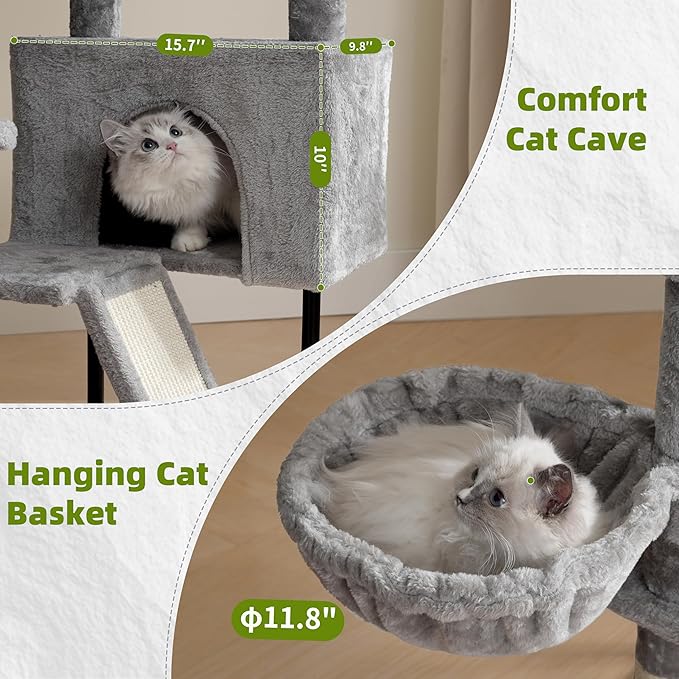 Cat Tree for Indoor Cats, Cat Tower with Scratching Post for Small Cats and Kittens, Cat House with Removable Top Platform and Fluffy Balls, Hanging Cat Basket, Light Gray GCT006SW