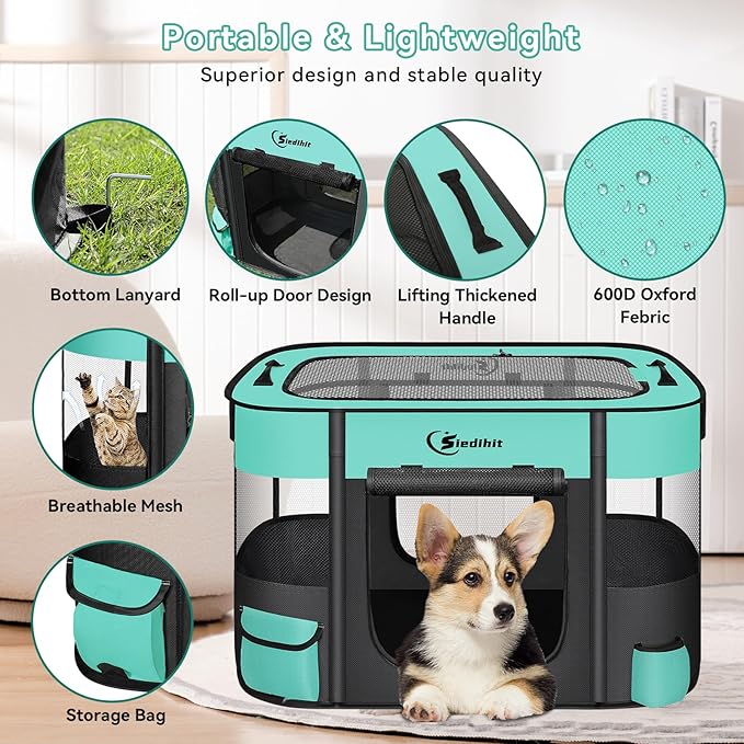 Dog Playpen,Cat Pet Puppy Pen,Portable Playpens for Dogs Indoor Outdoor Travel Camping Use,Foldable Dog Kennel Tent Crate for Rabbit Small Animals with Carrying Case (Green, Large)