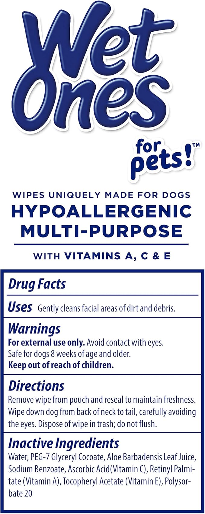 Wet Ones for Pets Hypoallergenic Multipurpose Dog Wipes with Vitamins A, C & E - No Fragrance Pet Wipes for Dogs in Canister, 50 Count