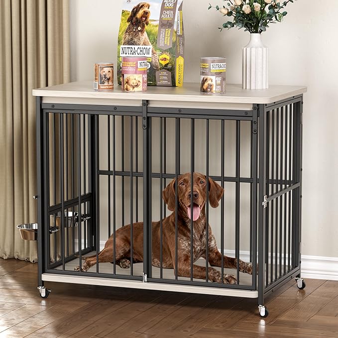 Dog Crate Furniture, 41’’ Wooden Dog Kennel Indoor with Sliding Front Door, Multi-Side Openings & Feeding Window Pet Cage House as TV Stand, End Table(Beige)
