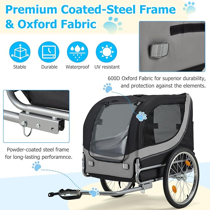 Foldable Pet Bike Trailer for Dogs up to 88 lbs – Universal Hitch Bicycle Carrier with Shock‑Absorbing Tires, Mesh Ventilation & Quick‑Release Wheels (55″/57″)